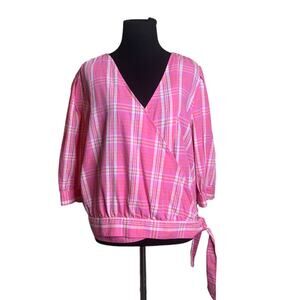 Anna pink plaid 1/2 sleeves wrap blouse size XL